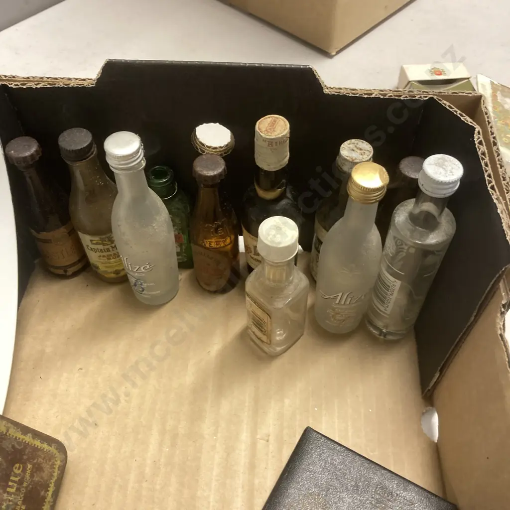 Box Lot Lion Brown Tray, Empty Spirit Miniatures, Tobacco & Vesta Tins Etc Image 1++