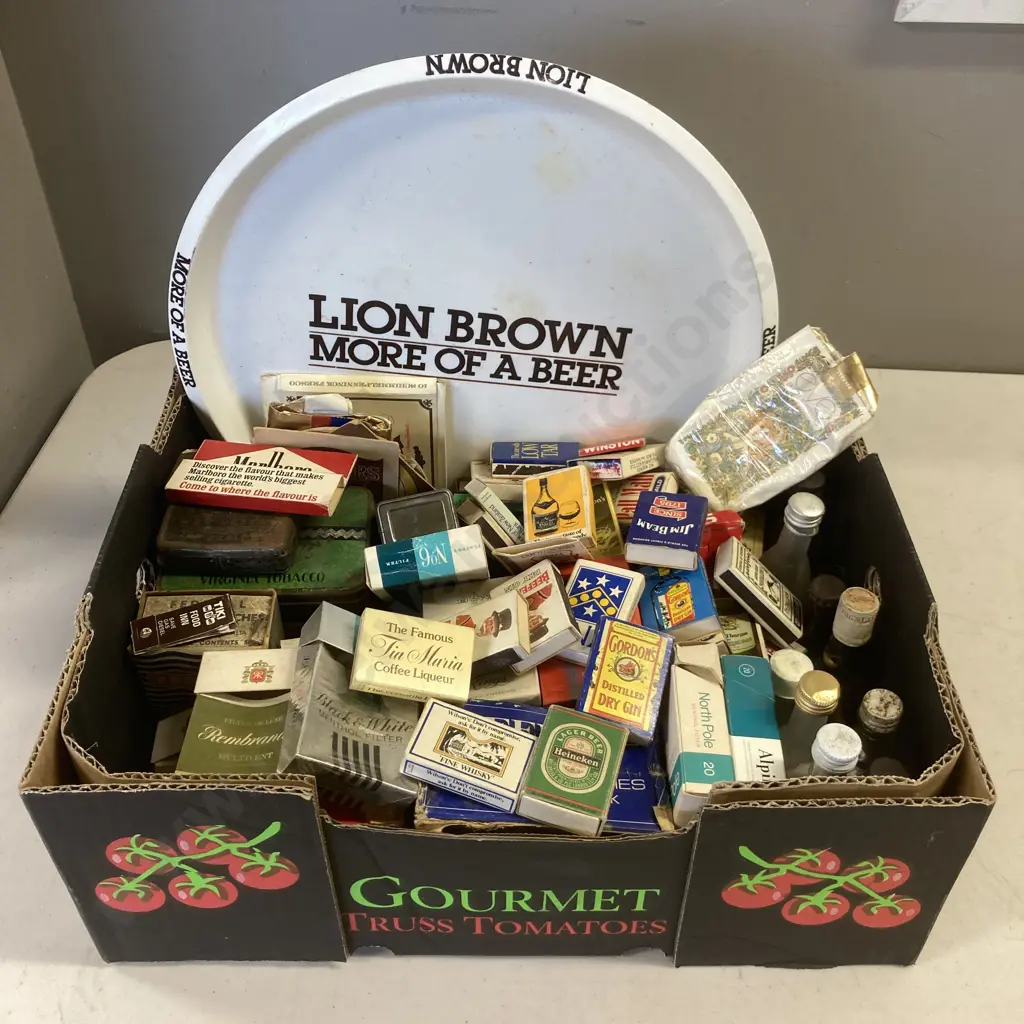 Box Lot Lion Brown Tray, Empty Spirit Miniatures, Tobacco & Vesta Tins Etc Image 1++