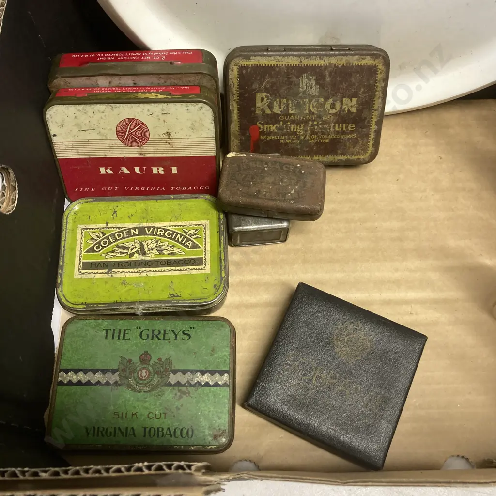 Box Lot Lion Brown Tray, Empty Spirit Miniatures, Tobacco & Vesta Tins Etc Image 1++