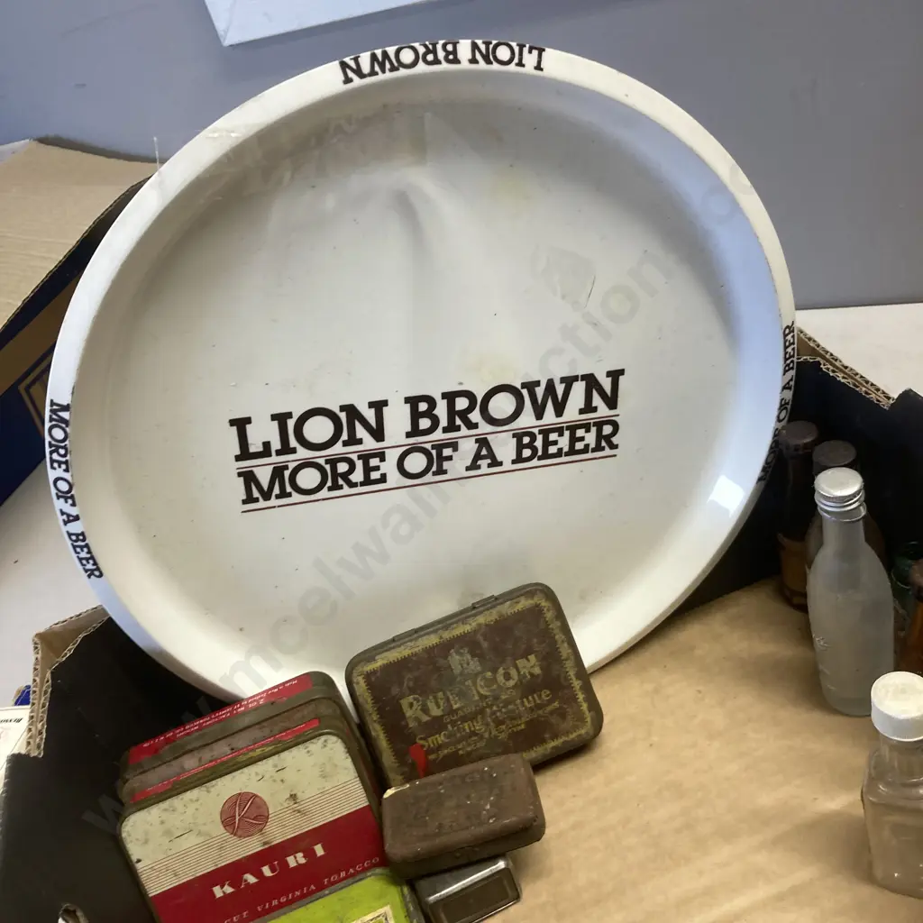 Box Lot Lion Brown Tray, Empty Spirit Miniatures, Tobacco & Vesta Tins Etc Image 1++
