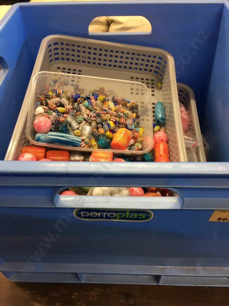 Large Selection Of Beads In Pale Blue Storage Bin Image 1++