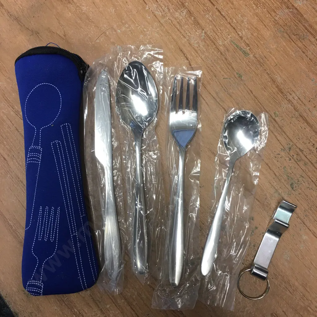 New GetFor Camping Cutlery Packs x 54, Includes Knife, Fork, Spoon & Bottle Opener in a Zip-Top Neoprene Pouch Image 1++