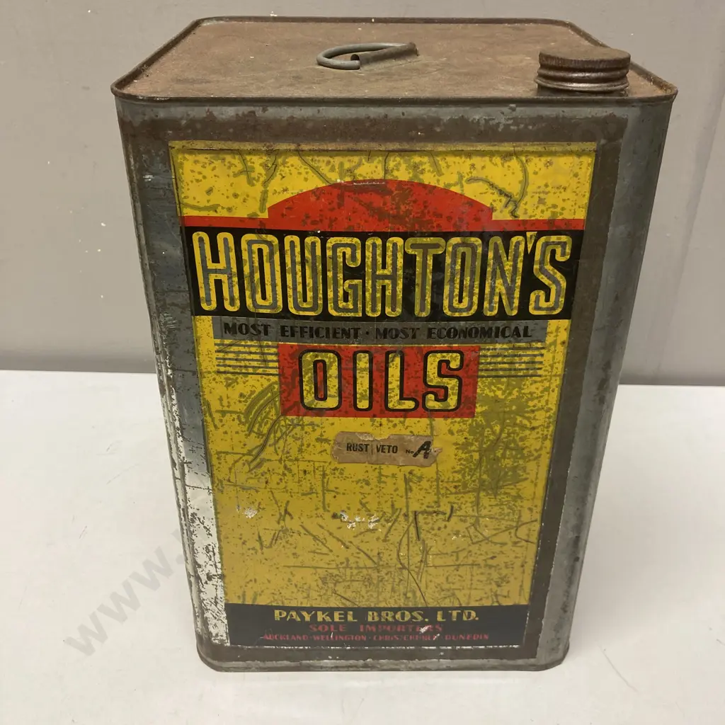 Rare Vintage Houghton's Oil Can. Paykel Bros New Zealand 4 Gallon Oil Can c1930s. 35 x 24cm Image 1++