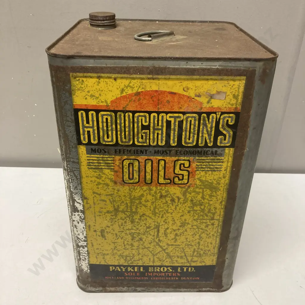 Rare Vintage Houghton's Oil Can. Paykel Bros New Zealand 4 Gallon Oil Can c1930s. 35 x 24cm Image 1++