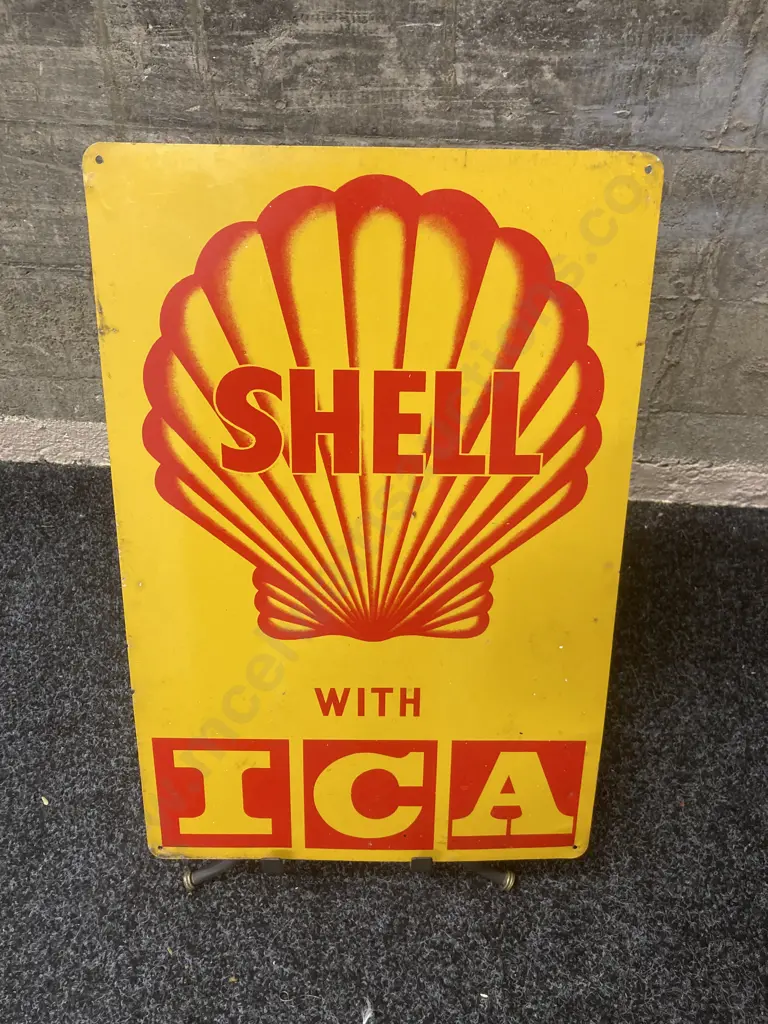 Vintage Collectable Shell With ICA Petrol Metal Sign. 55 x 33cm Image 1++