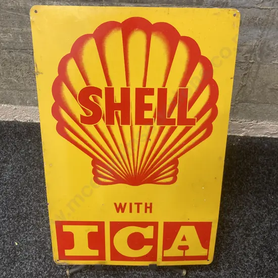Vintage Collectable Shell With ICA Petrol Metal Sign. 55 x 33cm
