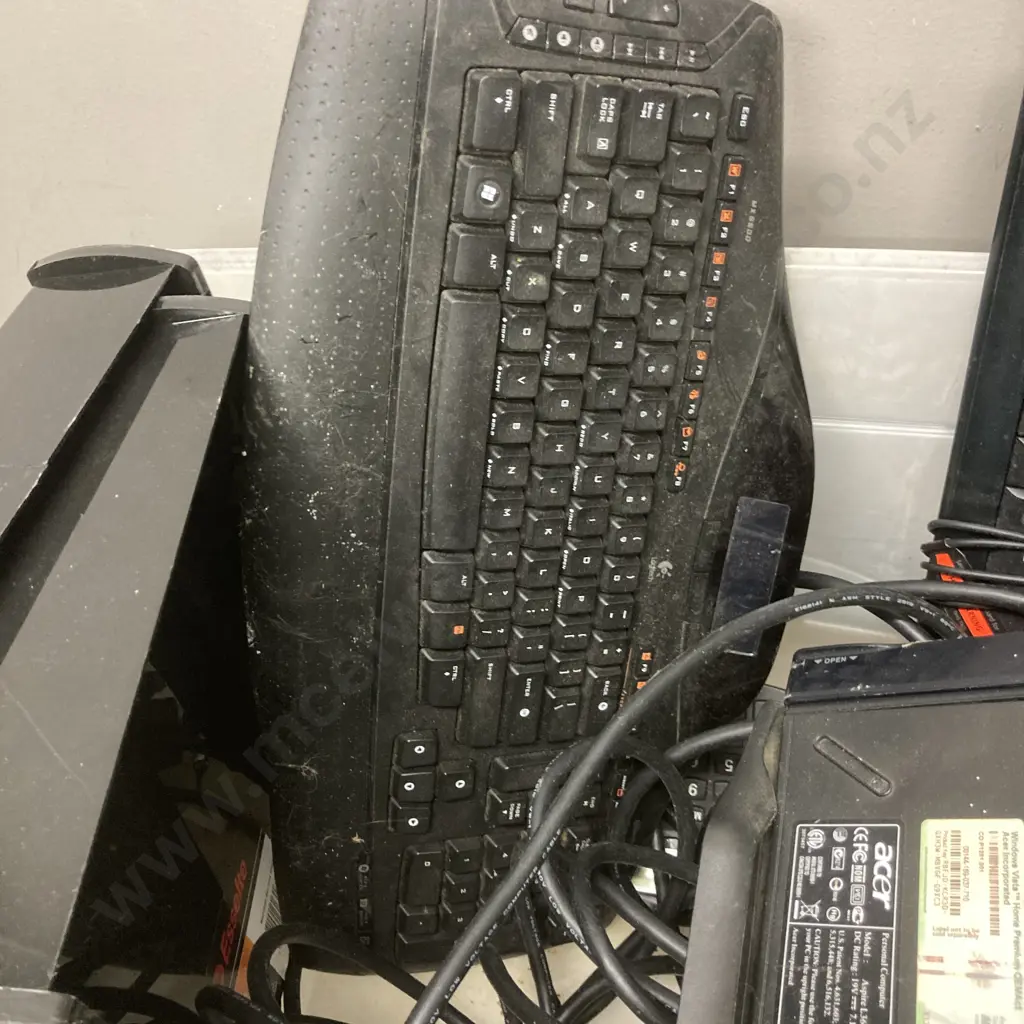 Box lot - Logitech MX 5500 Bluetooth Keyboard, Acer Aspire L3600 Micro Tower PC, Phone, Cables Etc Image 1++