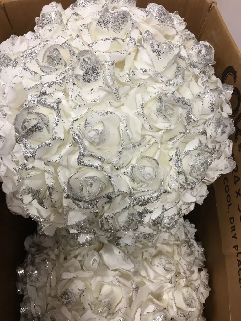 Set of 4 Large Foam Balls With Faux Roses & Silver Glitter. Dia 36cm (As Found) Image 1++