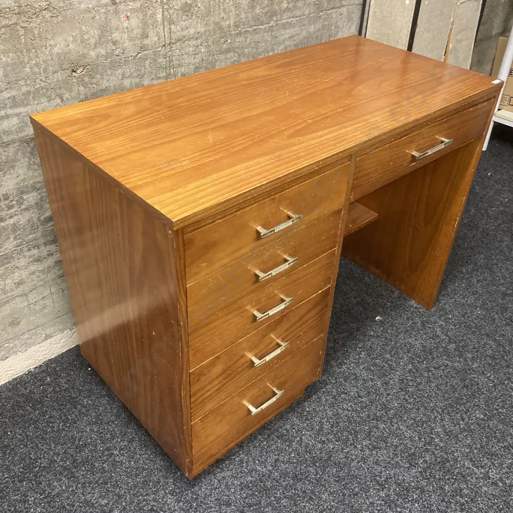 Vintage Pine 5 Drawer Students Desk, Gold & White Metal Handles. H77 W103 D49cm. With a Blue Fleck Adjustable Chair Image 1++