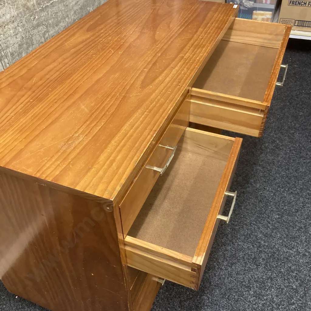 Vintage Pine 5 Drawer Students Desk, Gold & White Metal Handles. H77 W103 D49cm. With a Blue Fleck Adjustable Chair Image 1++
