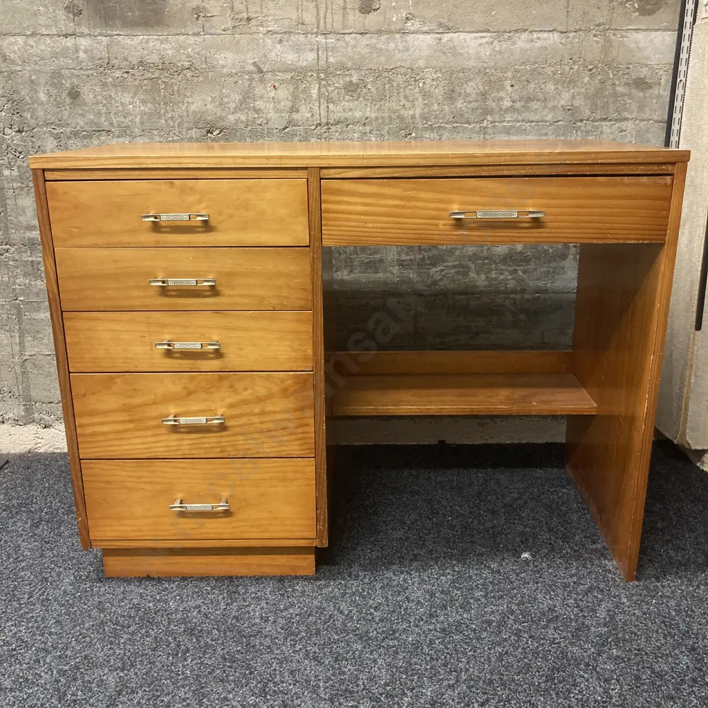 Vintage Pine 5 Drawer Students Desk, Gold & White Metal Handles. H77 W103 D49cm. With a Blue Fleck Adjustable Chair Image 1++