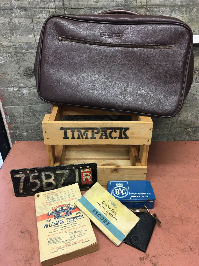 Vintage Items Including College Bag, Wooden Crate Etc Image 1++