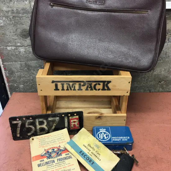 Vintage Items Including College Bag, Wooden Crate Etc