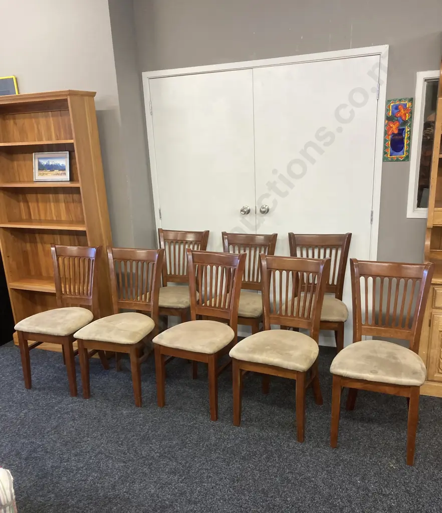 Set of 8 Wooden Dining Chairs With Mocha Colour Fabric (Some Chairs Have Stains) Image 1++