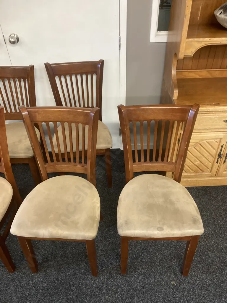 Set of 8 Wooden Dining Chairs With Mocha Colour Fabric (Some Chairs Have Stains) Image 1++