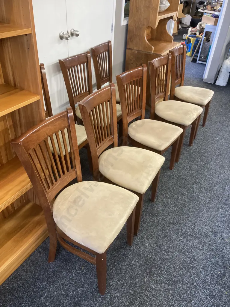 Set of 8 Wooden Dining Chairs With Mocha Colour Fabric (Some Chairs Have Stains) Image 1++