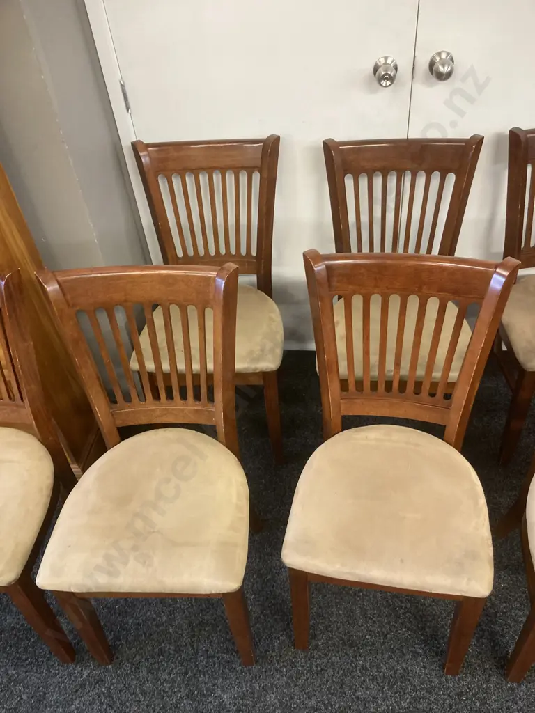 Set of 8 Wooden Dining Chairs With Mocha Colour Fabric (Some Chairs Have Stains) Image 1++