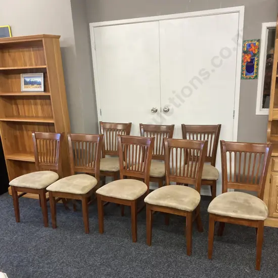 Set of 8 Wooden Dining Chairs With Mocha Colour Fabric (Some Chairs Have Stains)