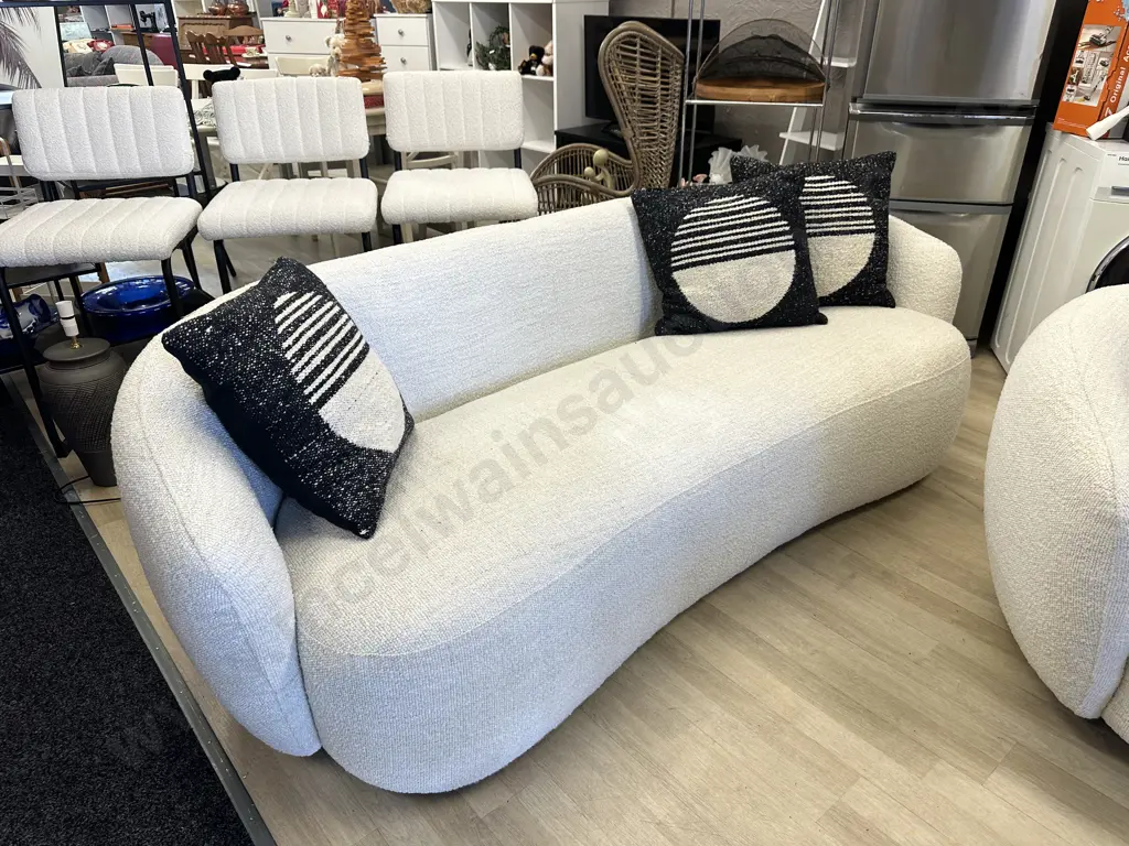Luca Callie 3 Seater Sofa, Boucle Natural - Ex Farmers (RRP $3399.00) With 3 Designer Cushions Image 1++