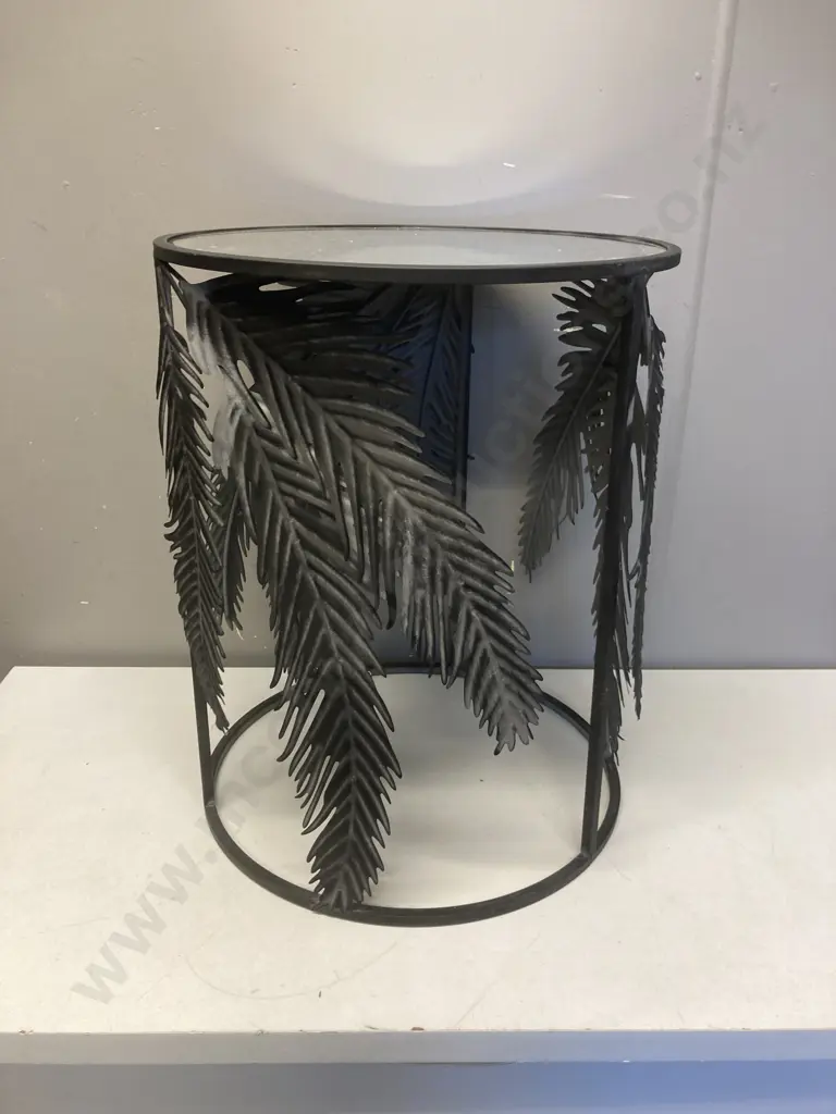 Mirror & Black Metal Leaf Design Side Table. 50 x 40cm Image 1++