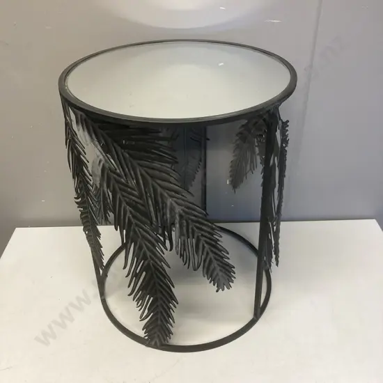 Mirror & Black Metal Leaf Design Side Table. 50 x 40cm