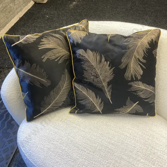 Pair of Gold Feather Designer Cushions. 46 x 46cm