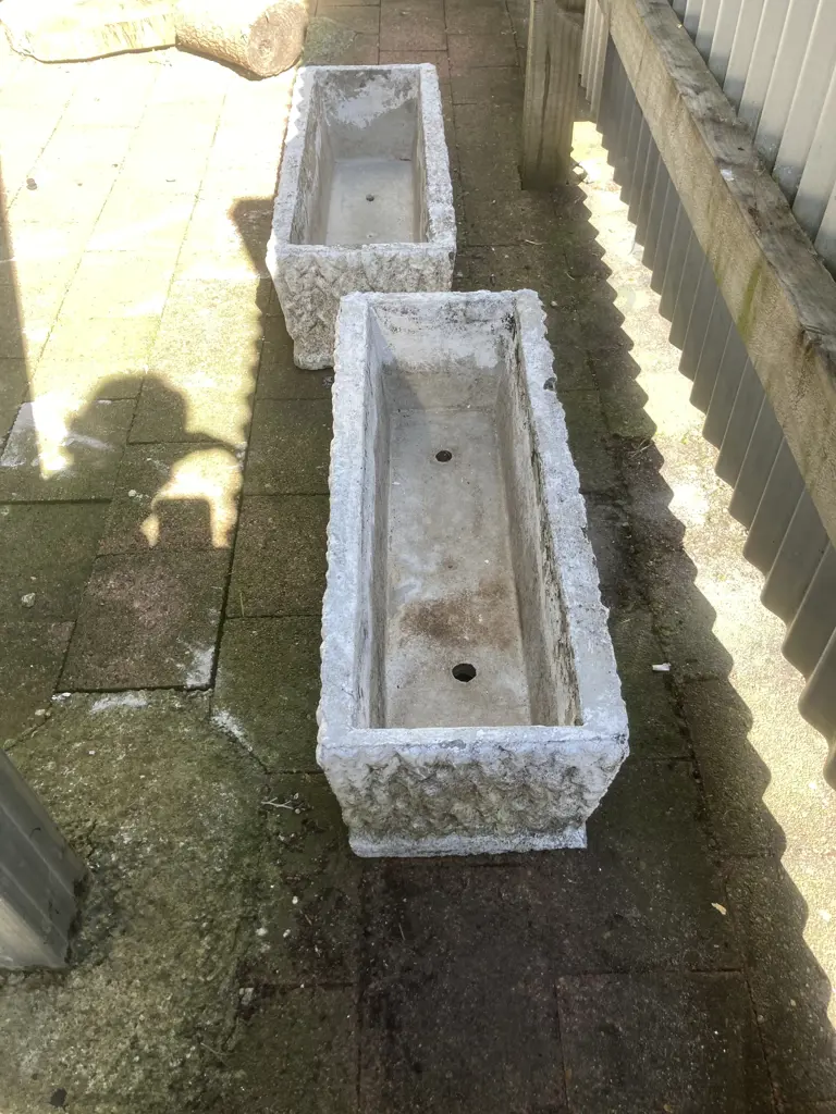 Pair of Vintage Concrete Rectangular Trough Planters. H22 W77 D29cm Image 1++