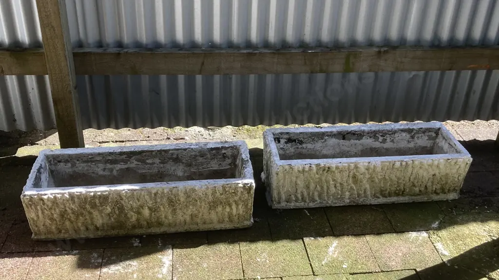 Pair of Vintage Concrete Rectangular Trough Planters. H22 W77 D29cm Image 1++