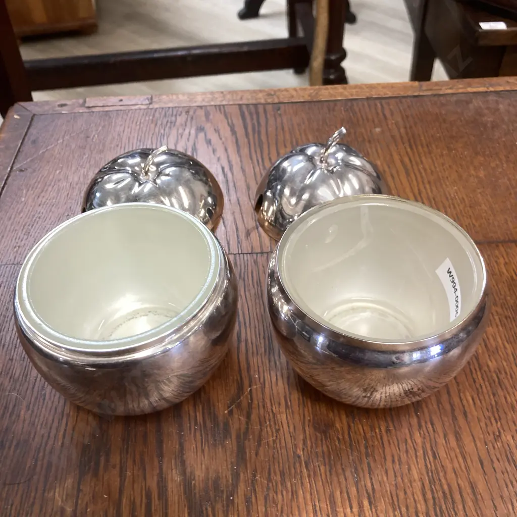 Pair of English Silver Plate Apple Shape Preserve Jars with Glass Liners Image 1++