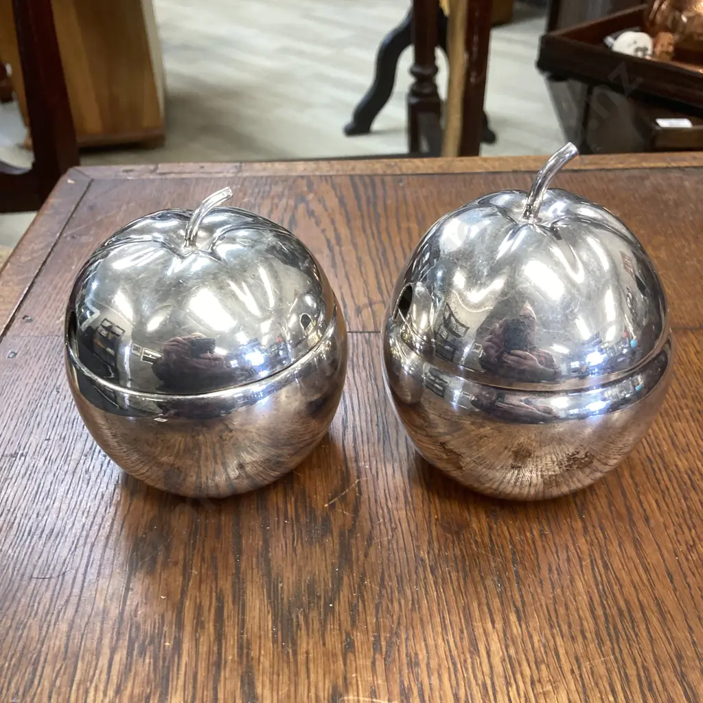 Pair of English Silver Plate Apple Shape Preserve Jars with Glass Liners Image 1++