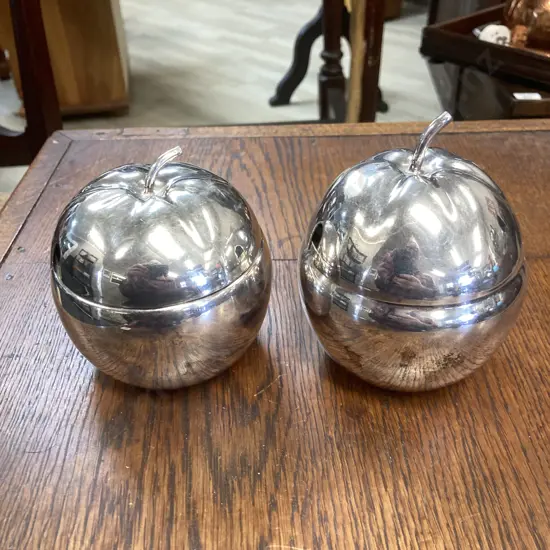 Pair of English Silver Plate Apple Shape Preserve Jars with Glass Liners