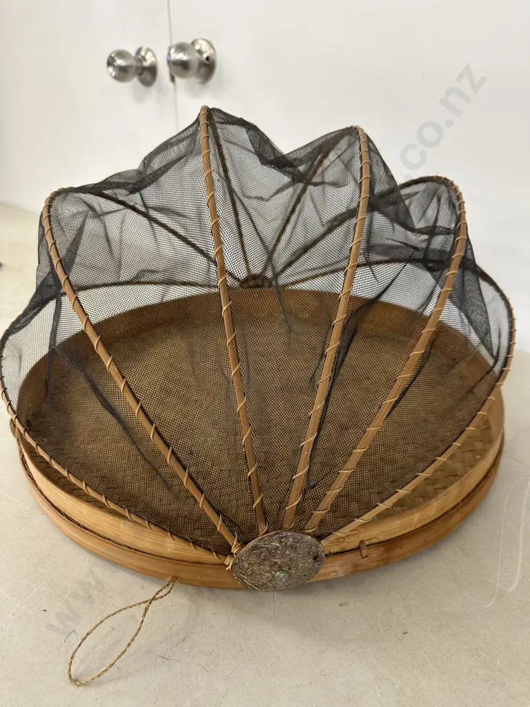 Cane & Black Mesh Circular Food Tray With Cover Image 1++