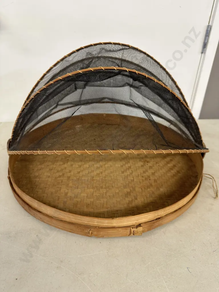 Cane & Black Mesh Circular Food Tray With Cover Image 1++