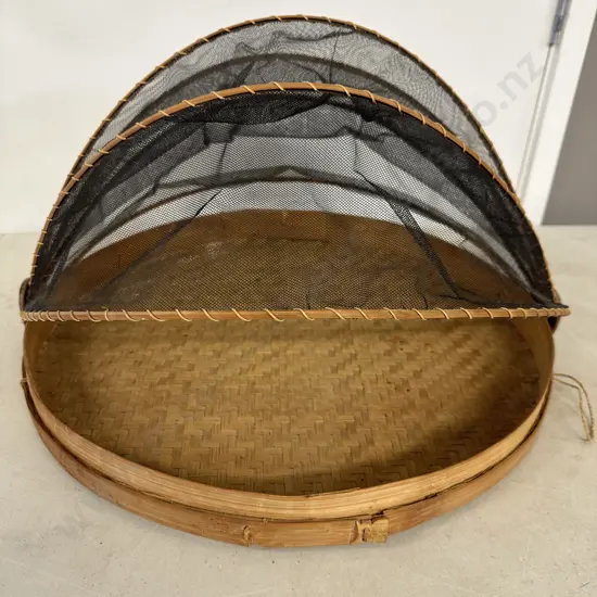 Cane & Black Mesh Circular Food Tray With Cover