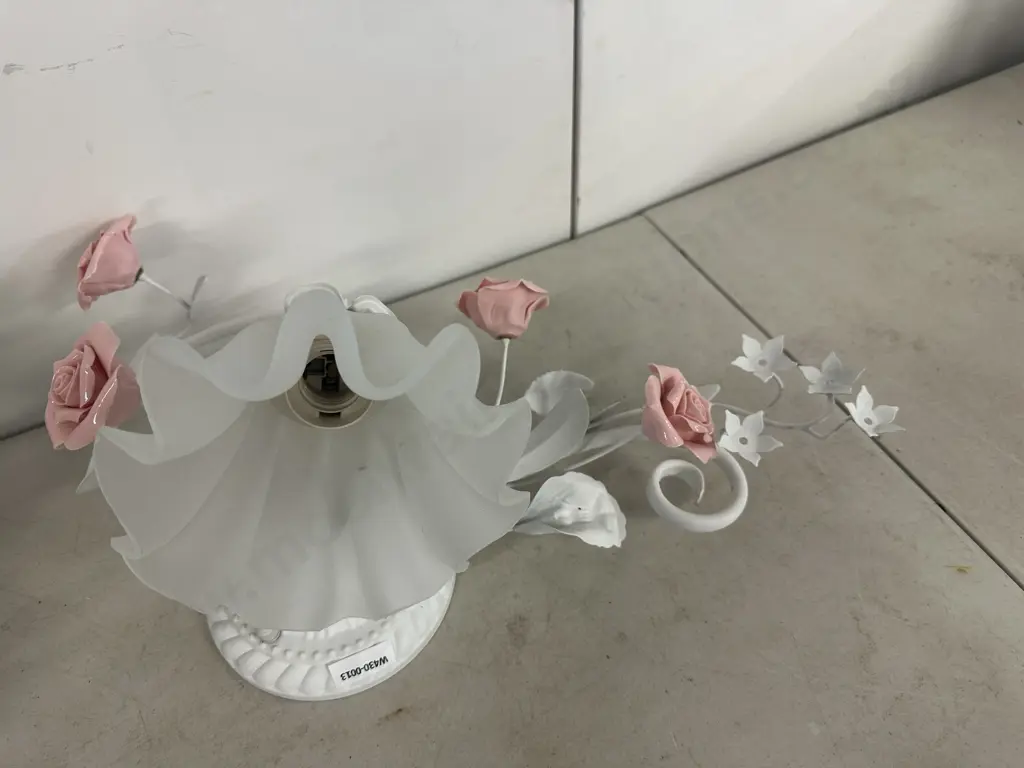 Pair of Wall Lamps, White Wrought With Pink Ceramic Roses & White Frosted Glass Shade, 23 x 45cm Image 1++