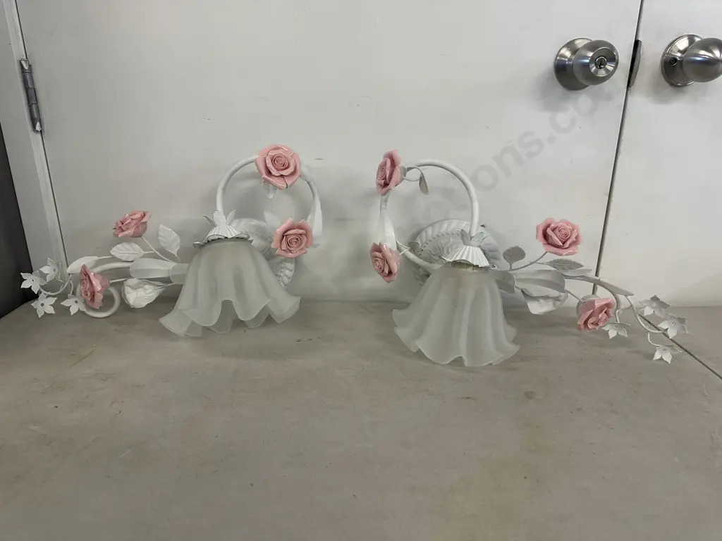 Pair of Wall Lamps, White Wrought With Pink Ceramic Roses & White Frosted Glass Shade, 23 x 45cm Image 1++