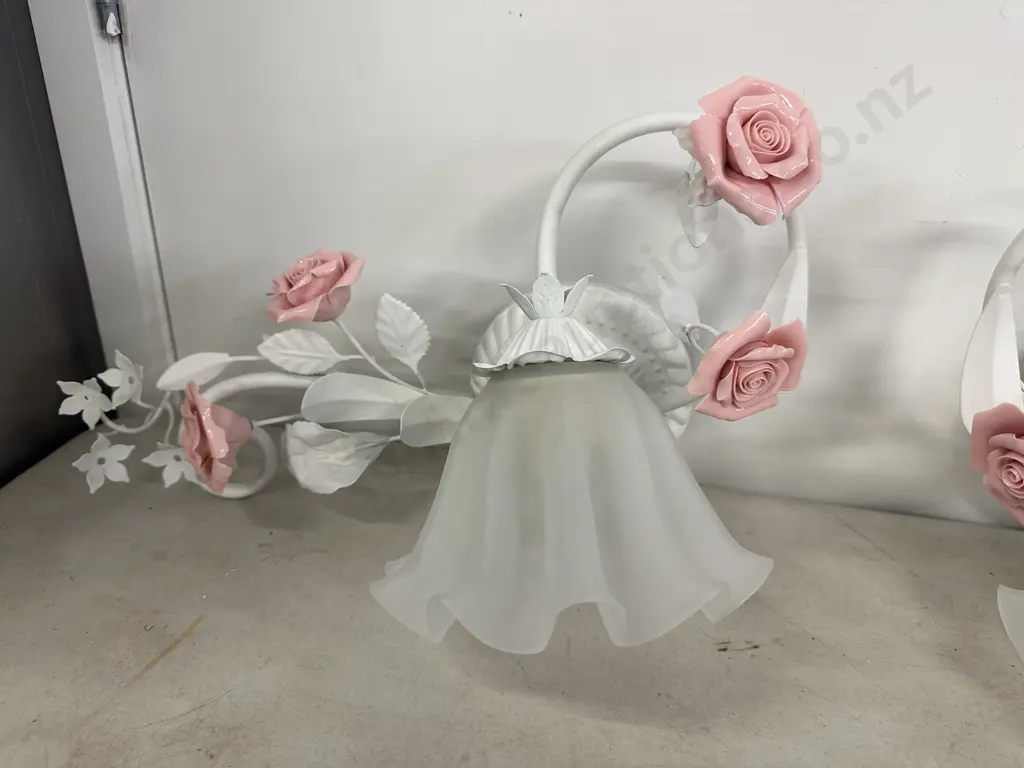 Pair of Wall Lamps, White Wrought With Pink Ceramic Roses & White Frosted Glass Shade, 23 x 45cm Image 1++