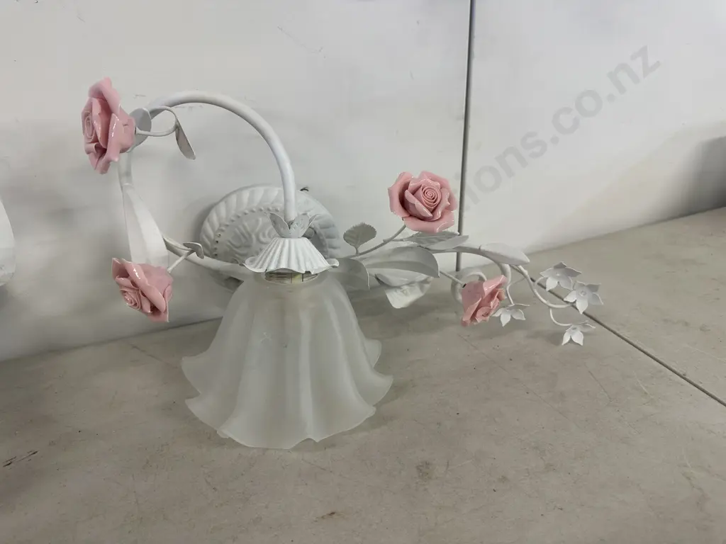 Pair of Wall Lamps, White Wrought With Pink Ceramic Roses & White Frosted Glass Shade, 23 x 45cm Image 1++