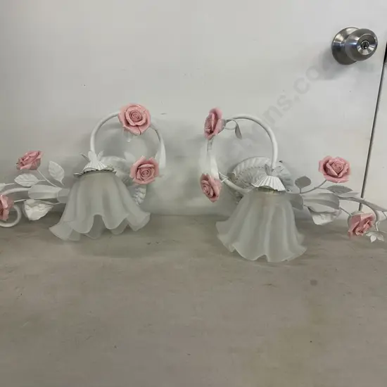 Pair of Wall Lamps, White Wrought With Pink Ceramic Roses & White Frosted Glass Shade, 23 x 45cm