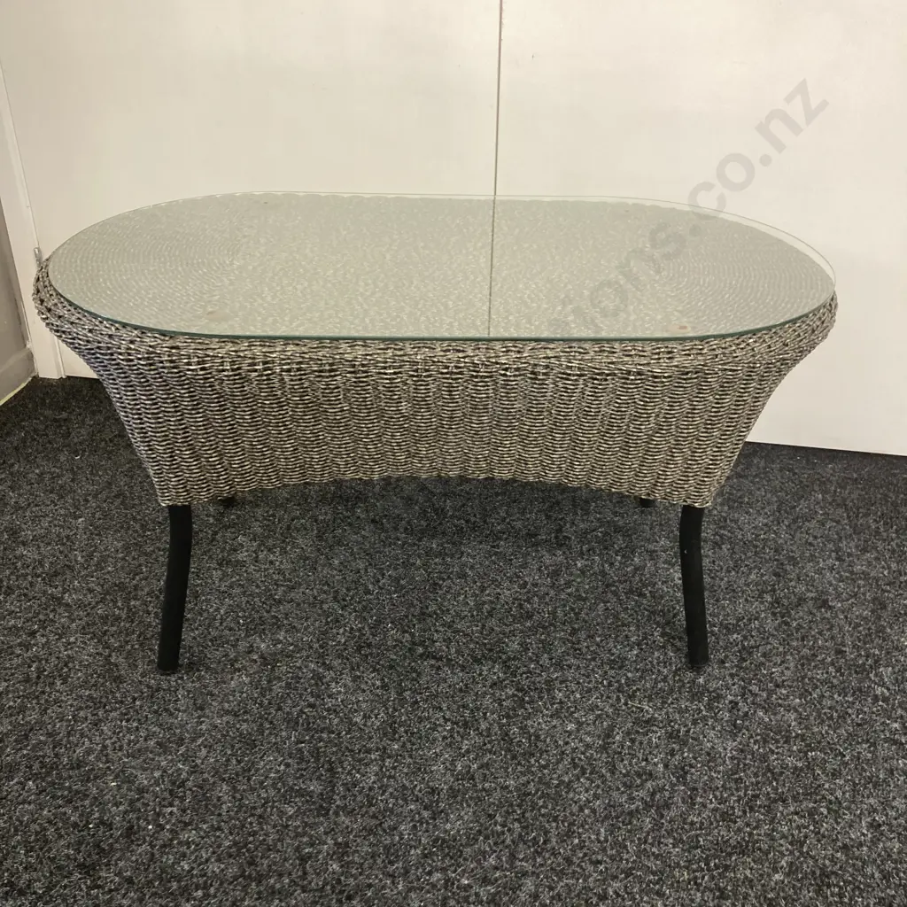 Rattan Oval Centre Table With Glass Top. H48 W90 D51cm Image 1++