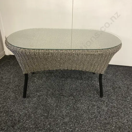 Rattan Oval Centre Table With Glass Top. H48 W90 D51cm