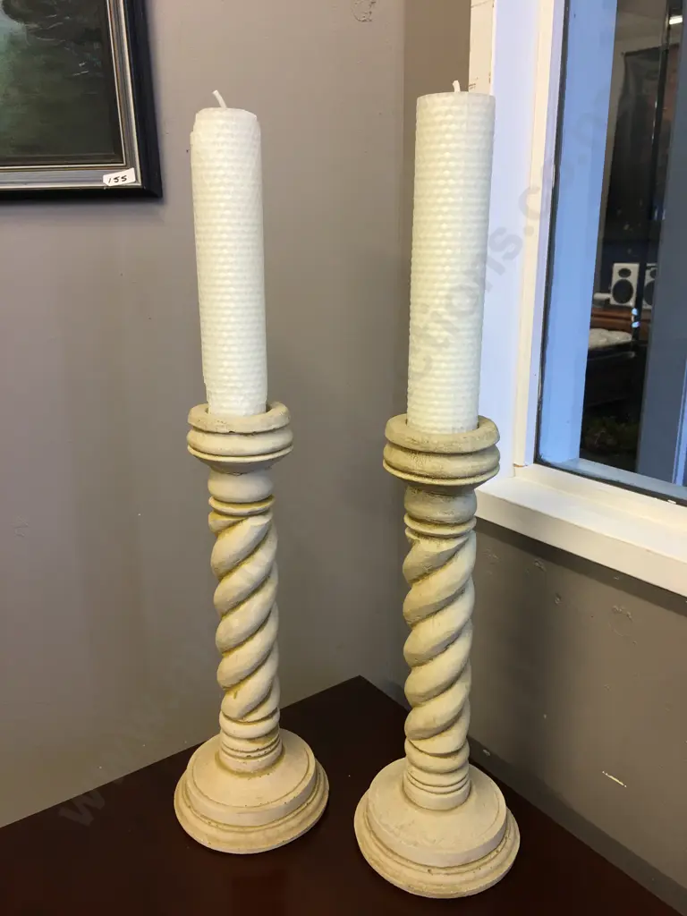 Pair of Cream Twisted Pillar Candle Holders & Candles. H32cm Image 1++