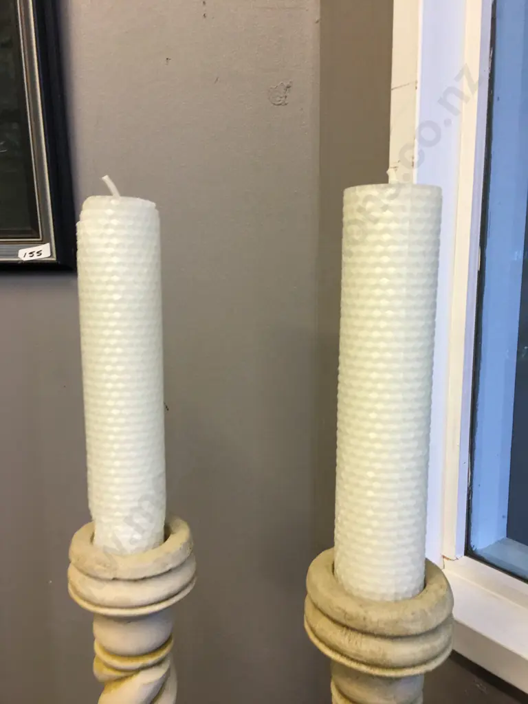 Pair of Cream Twisted Pillar Candle Holders & Candles. H32cm Image 1++
