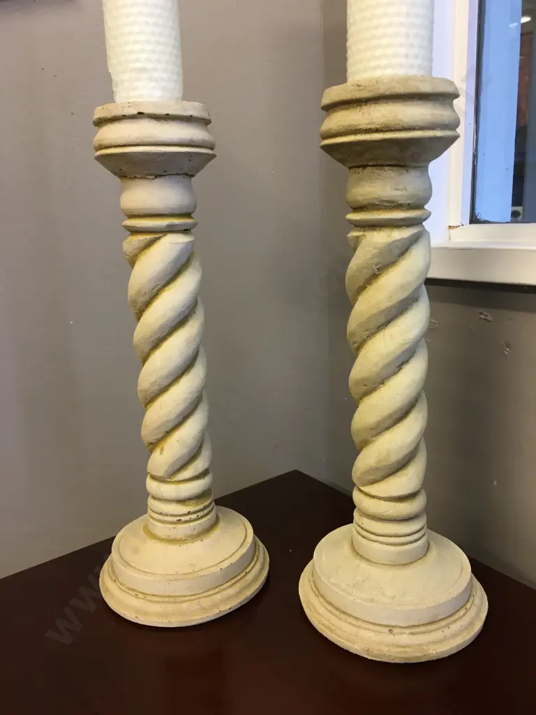 Pair of Cream Twisted Pillar Candle Holders & Candles. H32cm Image 1++