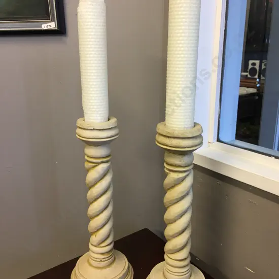 Pair of Cream Twisted Pillar Candle Holders & Candles. H32cm
