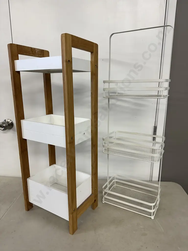 3 Tier Storage Shelves White Mesh Look & White With Wood Detail H74 & 80Cm. Image 1++