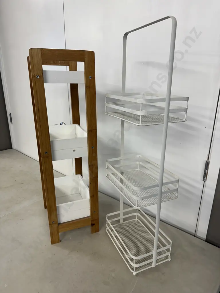 3 Tier Storage Shelves White Mesh Look & White With Wood Detail H74 & 80Cm. Image 1++
