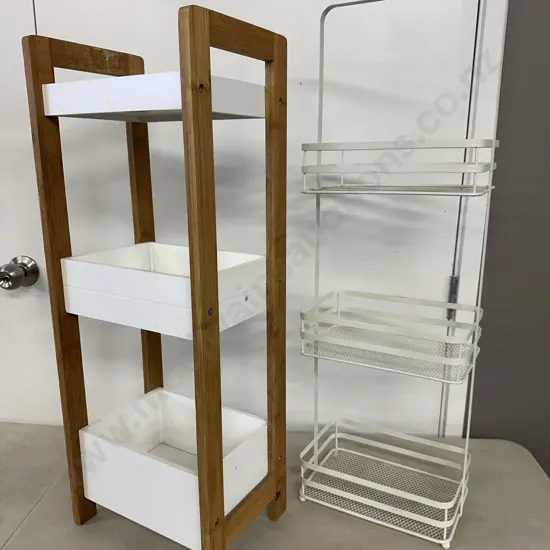 3 Tier Storage Shelves White Mesh Look & White With Wood Detail H74 & 80Cm.