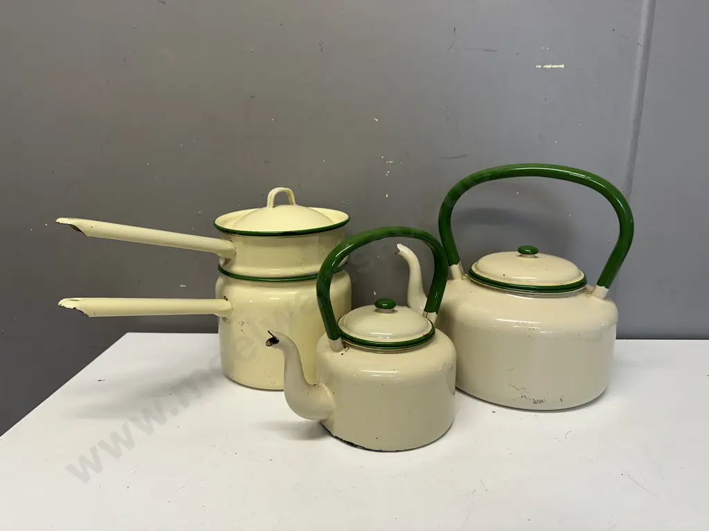 Vinage Enamel Ware Cream/Green Detail Including Large Tea Pot, Small Tea Pot & Double Boiler Pot Image 1++