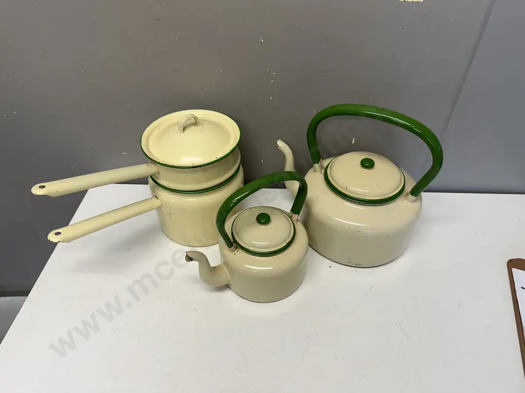 Vinage Enamel Ware Cream/Green Detail Including Large Tea Pot, Small Tea Pot & Double Boiler Pot Image 1++
